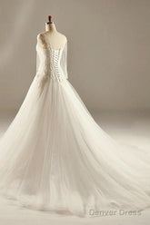 A-Line Long Sleeve Waist Lace Beaded Wedding Dress Court Train